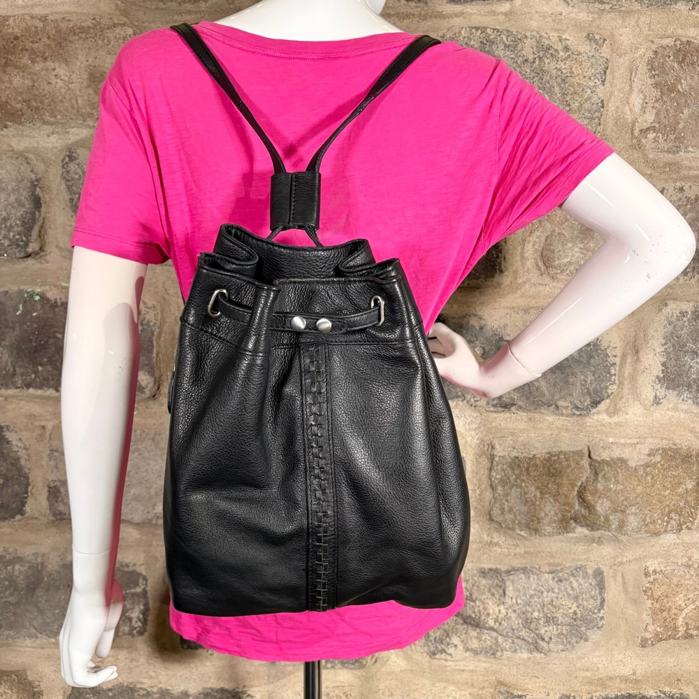Kelsi Dagger Brooklyn Black Leather Drawstring Backpack Bag Woven Detail
